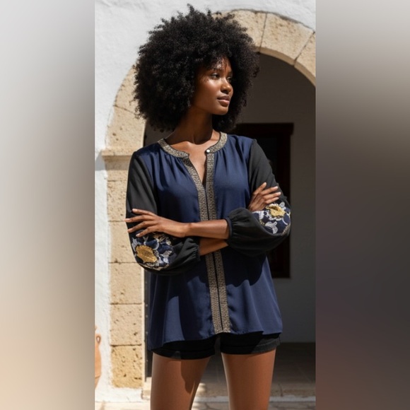 Anthropologie Tops - VANESSA VIRGINIA Embroidered Blouse Boho Black Blue Sheer Anthropologie Large